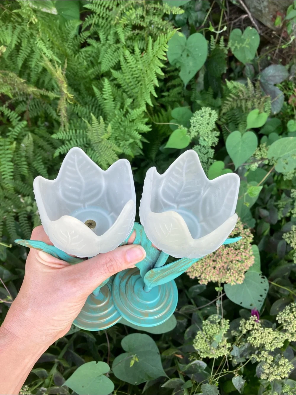 Vintage Pair of Frosted Glass Tulip Candle Holders w/ Turquoise Metal Stems